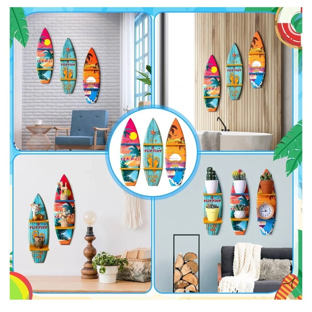 🔥Mini Surfboard Shelves Wooden Wall Hanging Shelves 3 PCs 15.8in X 4.7in- NEW.